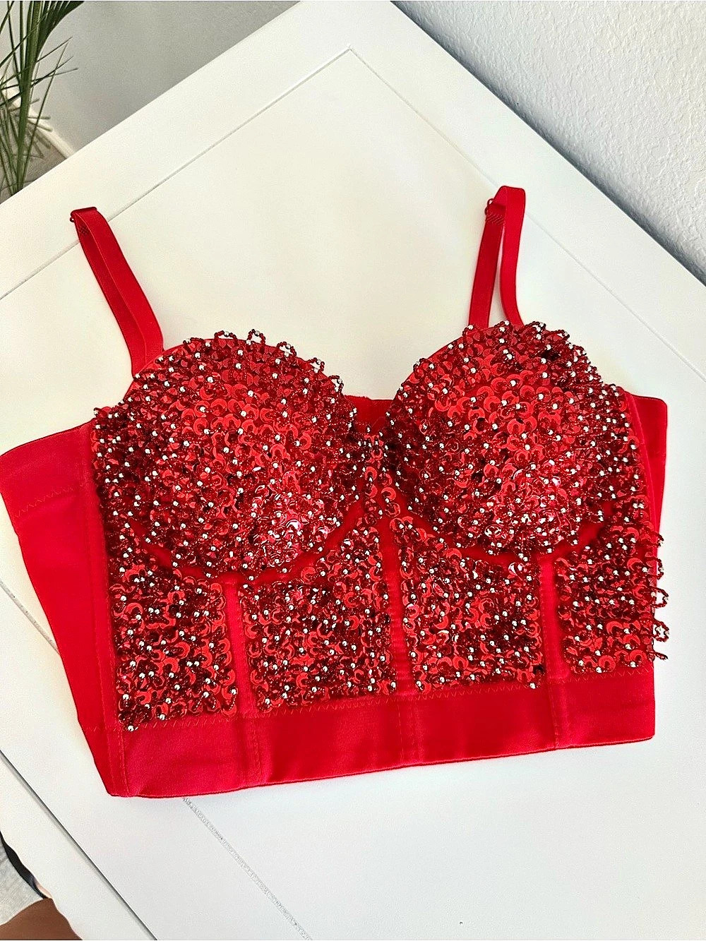 Red Sequin Beaded Rhinestone Bustier Corset Crop Top 36B Small